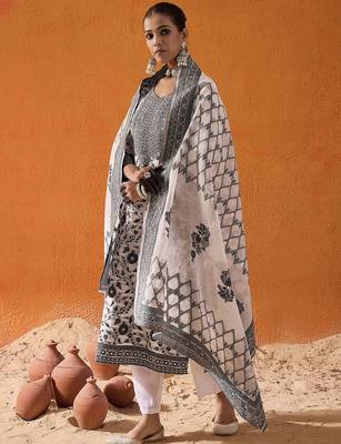 White Floral Printed V-Neck Straight Kurta with Trousers & Dupatta 2