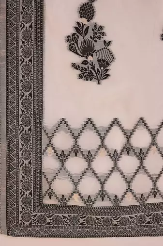 White Floral Printed V-Neck Straight Kurta with Trousers & Dupatta