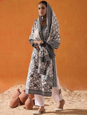 White Floral Printed V-Neck Straight Kurta with Trousers & Dupatta 5