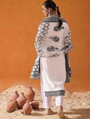 White Floral Printed V-Neck Straight Kurta with Trousers & Dupatta 6
