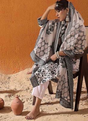 White Floral Printed V-Neck Straight Kurta with Trousers & Dupatta 7