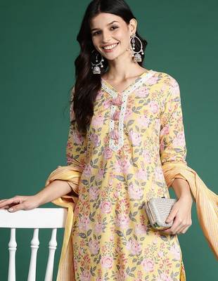 Floral Printed Thread Work Pure Cotton Kurta with Trousers & Dupatta 1