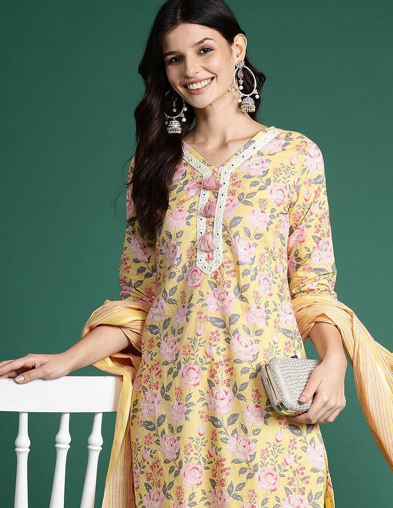 Floral Printed Thread Work Pure Cotton Kurta with Trousers & Dupatta