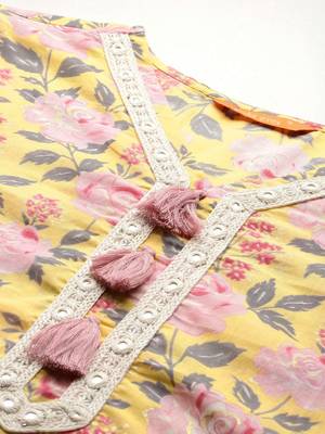 Floral Printed Thread Work Pure Cotton Kurta with Trousers & Dupatta 3