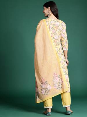 Floral Printed Thread Work Pure Cotton Kurta with Trousers & Dupatta 6