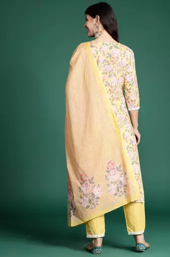 Floral Printed Thread Work Pure Cotton Kurta with Trousers & Dupatta