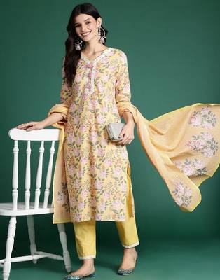 Floral Printed Thread Work Pure Cotton Kurta with Trousers & Dupatta 7
