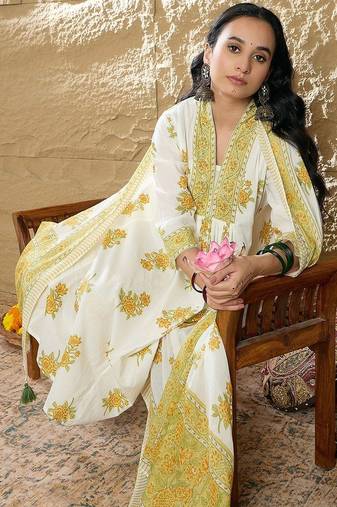 Floral Printed Pleated Beads and Stones  Cotton Kurta with Trousers & Dupatta