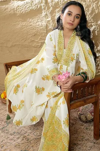 Floral Printed Pleated Beads and Stones Pure Cotton Kurta with Trousers & Dupatta