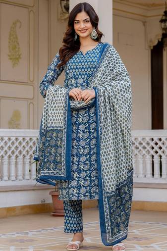 Women Ethnic Motifs Printed Regular  Cotton Kurta with Trousers & With Dupatta