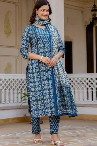 Women Ethnic Motifs Printed Regular Pure Cotton Kurta with Trousers & With Dupatta