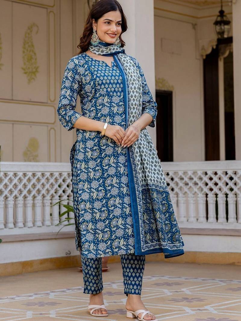 Women Ethnic Motifs Printed Regular Pure Cotton Kurta with Trousers & With Dupatta