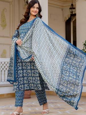 Women Ethnic Motifs Printed Regular Pure Cotton Kurta with Trousers & With Dupatta 4