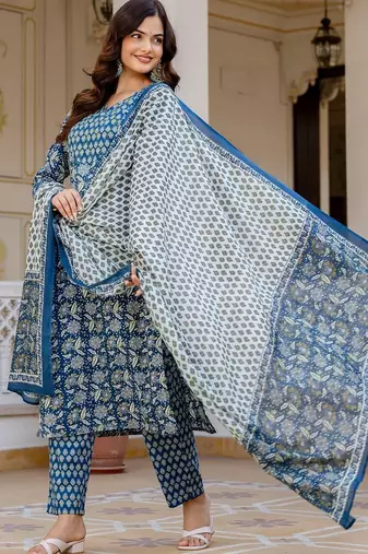 Women Ethnic Motifs Printed Regular Pure Cotton Kurta with Trousers & With Dupatta