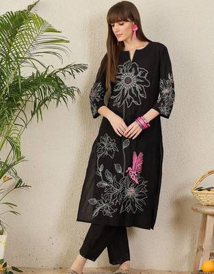Floral Embroidered Notch Neck Thread Work Pure Cotton Straight Kurta with Trouser 1