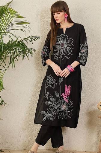 Floral Embroidered Notch Neck Thread Work  Cotton Straight Kurta with Trouser