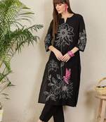 Floral Embroidered Notch Neck Thread Work Pure Cotton Straight Kurta with Trouser