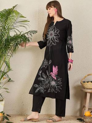 Floral Embroidered Notch Neck Thread Work Pure Cotton Straight Kurta with Trouser 3
