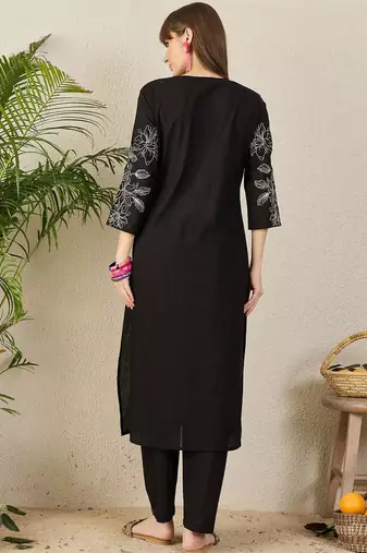 Floral Embroidered Notch Neck Thread Work Pure Cotton Straight Kurta with Trouser