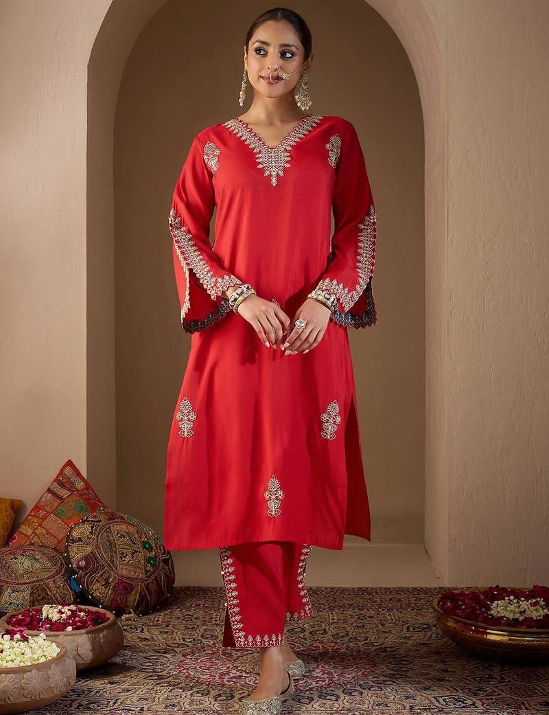 Women Ethnic Motifs Embroidered Regular Sequinned Kurta with Trousers