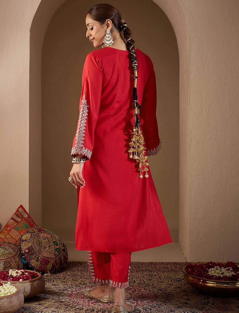 Women Ethnic Motifs Embroidered Regular Sequinned Kurta with Trousers