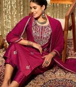 Ethnic Motifs Embroidered Zari Straight Kurta With Trousers & Dupatta