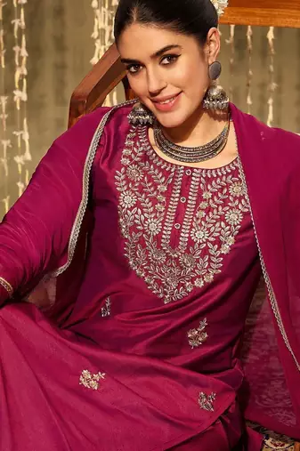 Ethnic Motifs Embroidered Zari Straight Kurta With Trousers & Dupatta