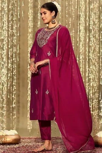 Ethnic Motifs Embroidered Zari Straight Kurta With Trousers & Dupatta
