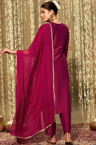 Ethnic Motifs Embroidered Zari Straight Kurta With Trousers & Dupatta