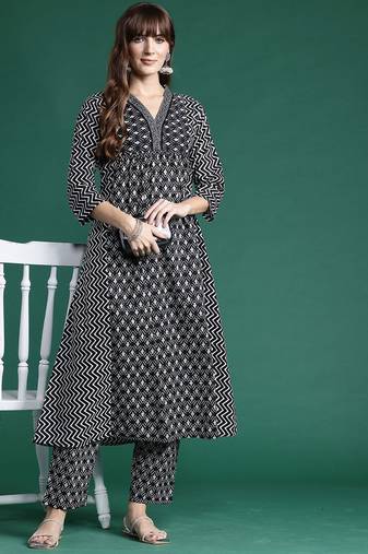 Ethnic Motifs Printed A-Line  Cotton Kurta with Trousers