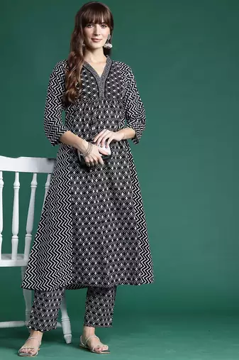 Ethnic Motifs Printed A-Line Pure Cotton Kurta with Trousers