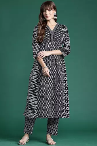 Ethnic Motifs Printed A-Line Pure Cotton Kurta with Trousers