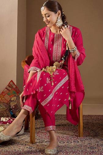 Women Ethnic Motifs Embroidered Regular Sequinned Kurta with Trousers & With Dupatta