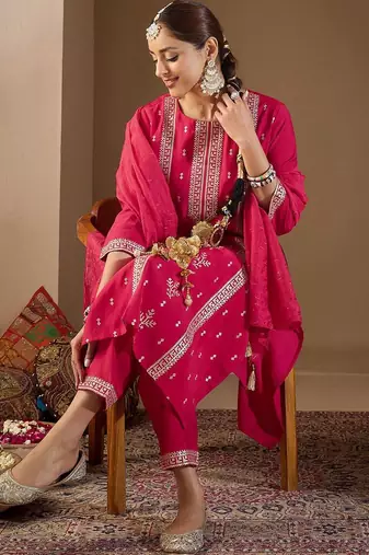 Women Ethnic Motifs Embroidered Regular Sequinned Kurta with Trousers & With Dupatta
