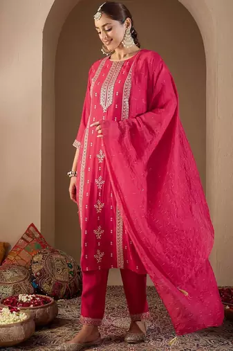 Women Ethnic Motifs Embroidered Regular Sequinned Kurta with Trousers & With Dupatta
