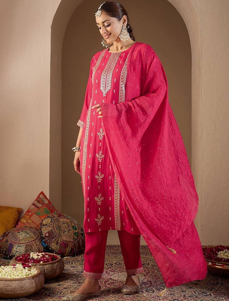 Women Ethnic Motifs Embroidered Regular Sequinned Kurta with Trousers & With Dupatta