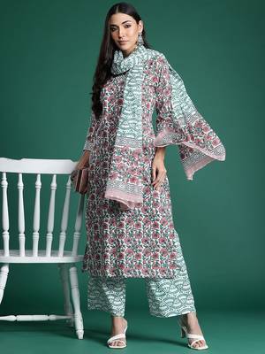 Floral Printed Pure Cotton Kurta with Trousers & With Dupatta 1