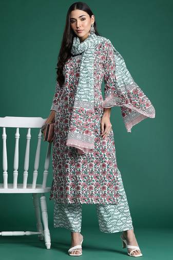 Floral Printed  Cotton Kurta with Trousers & With Dupatta