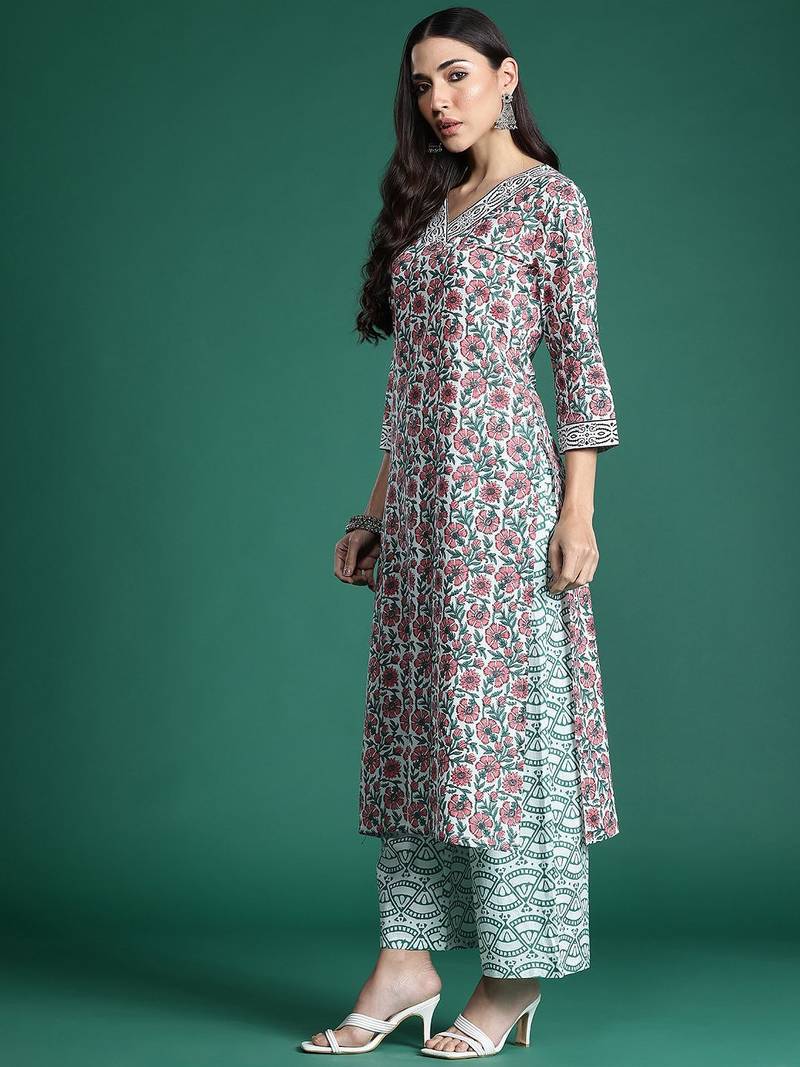 Floral Printed Pure Cotton Kurta with Trousers & With Dupatta