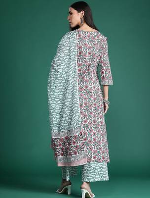 Floral Printed Pure Cotton Kurta with Trousers & With Dupatta 7