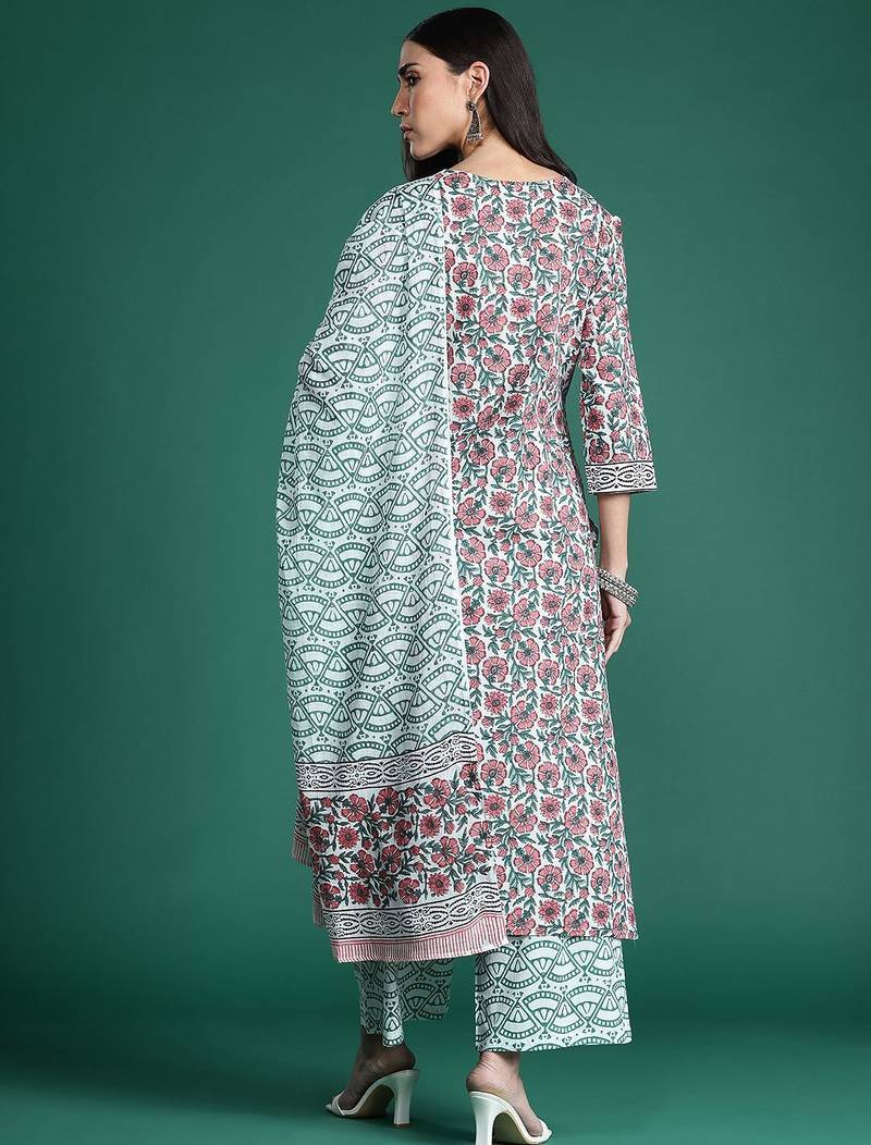 Floral Printed Pure Cotton Kurta with Trousers & With Dupatta