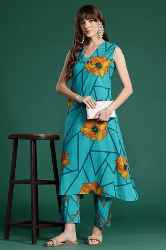 Floral Printed Pure Cotton Kurta with Trousers