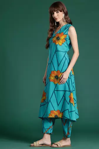 Floral Printed Pure Cotton Kurta with Trousers
