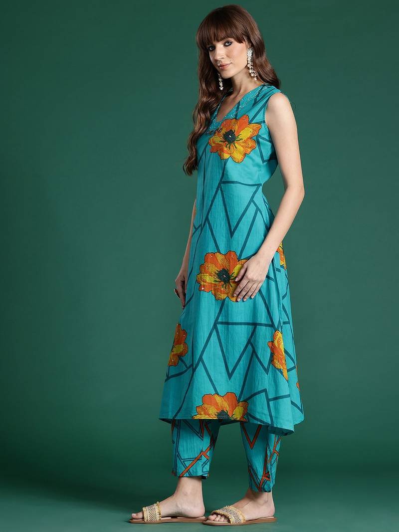 Floral Printed Pure Cotton Kurta with Trousers