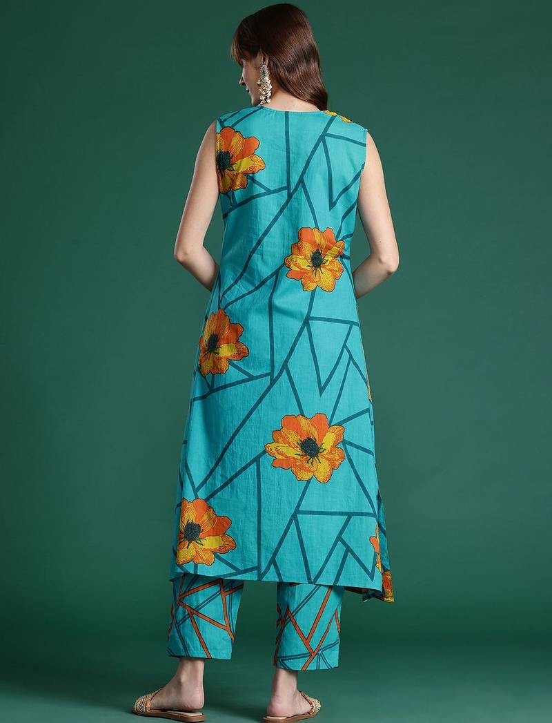 Floral Printed Pure Cotton Kurta with Trousers