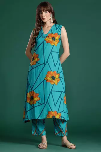 Floral Printed Pure Cotton Kurta with Trousers
