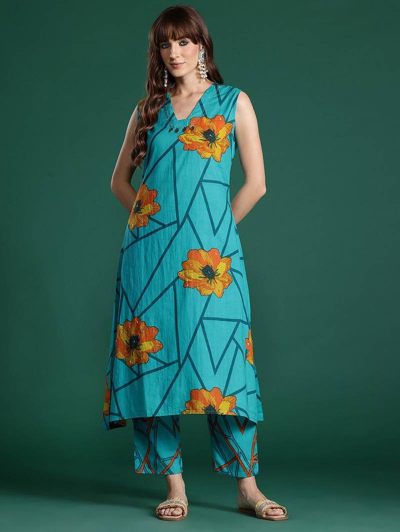 Floral Printed Pure Cotton Kurta with Trousers