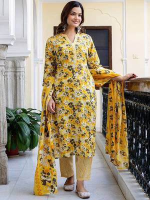 Floral Printed Mandarin Collar Pure Cotton Kurta With Trousers & Dupatta 2