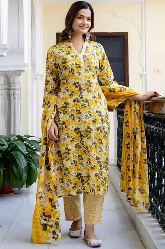 Floral Printed Mandarin Collar Pure Cotton Kurta With Trousers & Dupatta