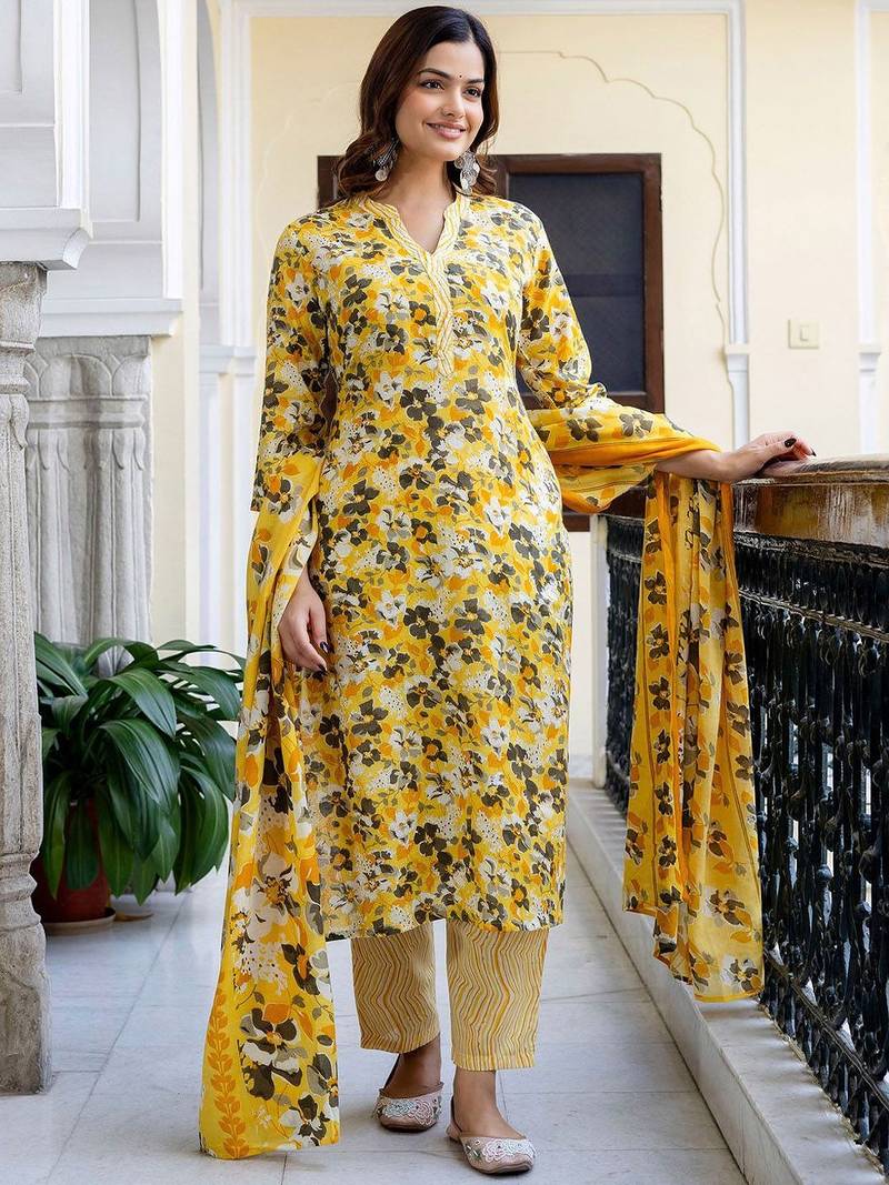 Floral Printed Mandarin Collar Pure Cotton Kurta With Trousers & Dupatta
